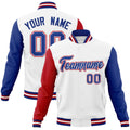 Custom White & Royal Blue & Crimson Color Block Cotton-Blend Full-Snap Varsity Jacket - front view