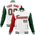 Custom White & Red & Green Color Block Cotton-Blend Full-Snap Varsity Jacket - front view