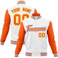 Custom White & Orange & Powder Blue Color Block Cotton-Blend Full-Snap Varsity Jacket - front view