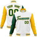 Personalized White & Green & Gold Color Block Cotton-Blend Full-Snap Varsity Jacket - front view