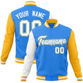 Custom Powder Blue & White & Gold Color Block Cotton-Blend Full-Snap Varsity Jacket - front view