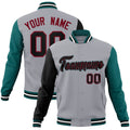 Custom Gray & Black & Teal Color Block Cotton-Blend Full-Snap Varsity Jacket - front view