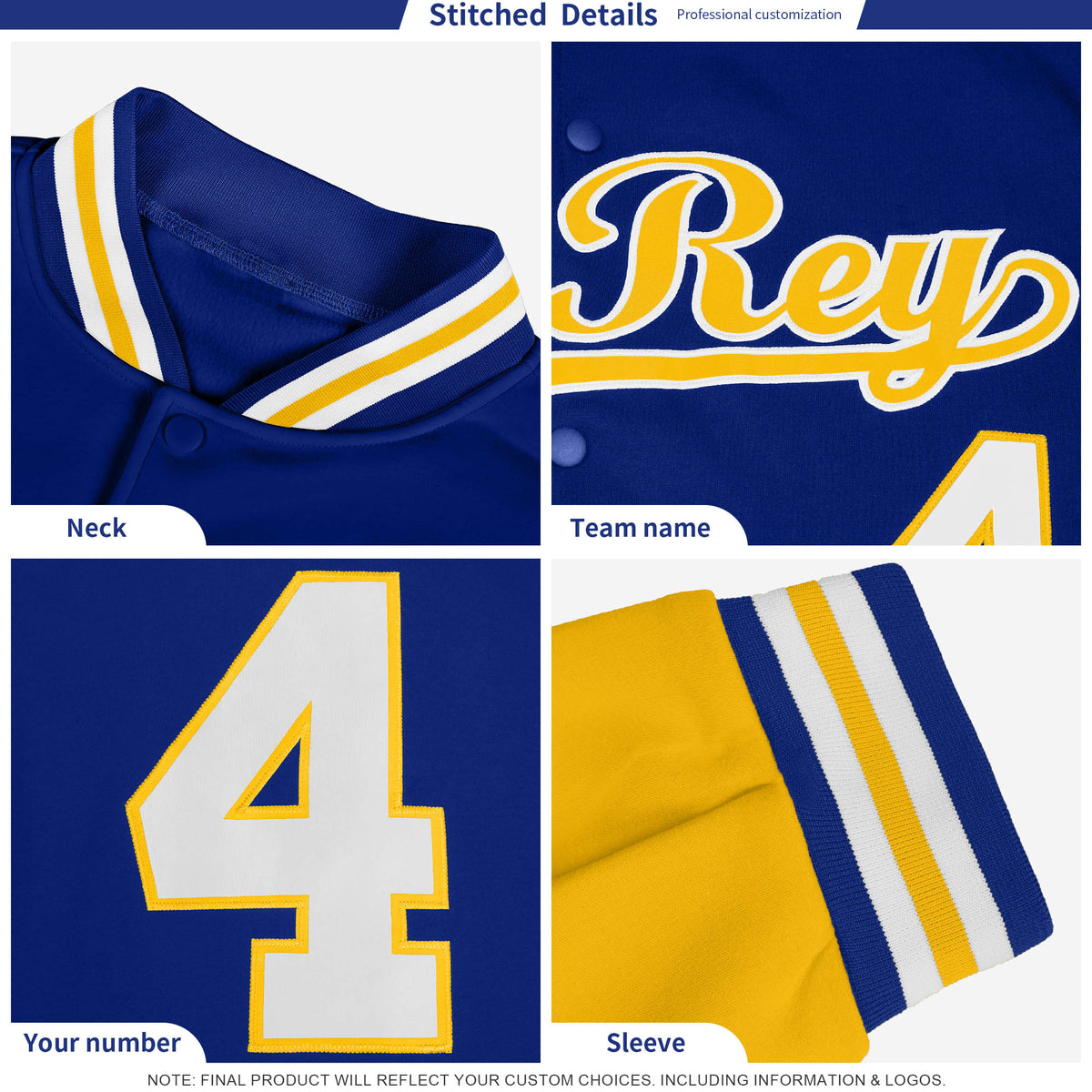 Custom Royal Gold White Varsity Jacket Full-Snap Breathable Comfort Design