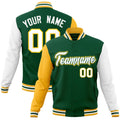 Custom Green & White & Gold Color Block Cotton-Blend Full-Snap Varsity Jacket - front view