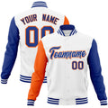 Custom White & Royal Blue & Orange Color Block Cotton-Blend Full-Snap Varsity Jacket - front view