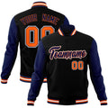 Personalized Black & Navy & Orange Color Block Cotton-Blend Full-Snap Varsity Jacket - front view