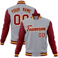 Custom Gray & Crimson & Khaki Color Block Cotton-Blend Full-Snap Varsity Jacket - front view