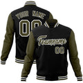 Custom Black & Olive & White Color Block Cotton-Blend Full-Snap Varsity Jacket - front view