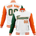 Personalized White & Green & Orange Color Block Cotton-Blend Full-Snap Varsity Jacket - front view