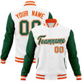 Custom White & Green & Orange Color Block Cotton-Blend Full-Snap Varsity Jacket - front view
