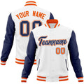 Custom White & Navy & Orange Color Block Cotton-Blend Full-Snap Varsity Jacket - front view