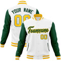 Personalized White & Green & Gold Color Block Cotton-Blend Full-Snap Varsity Jacket - front view