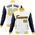 Custom White & Navy & Gold Color Block Cotton-Blend Full-Snap Varsity Jacket - front view