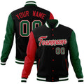 Custom Black & Red & Green Color Block Cotton-Blend Full-Snap Varsity Jacket - front view