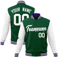 Custom Green & White Color Block Cotton-Blend Full-Snap Varsity Jacket - front view