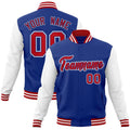Custom Royal Blue & White & Red Color Block Cotton-Blend Full-Snap Varsity Jacket - front view