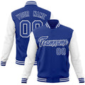 Custom Royal Blue & White Color Block Cotton-Blend Full-Snap Varsity Jacket - front view