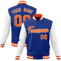 Personalized Royal Blue & Orange & White Color Block Cotton-Blend Full-Snap Varsity Jacket - front view