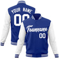 Personalized Royal Blue & White Color Block Cotton-Blend Full-Snap Varsity Jacket - front view