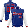 Custom Royal Blue & White & Red Color Block Cotton-Blend Full-Snap Varsity Jacket - front view