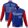 Custom Royal Blue & Red & White Color Block Cotton-Blend Full-Snap Varsity Jacket - front view