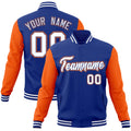 Personalized Royal Blue & Orange & White Color Block Cotton-Blend Full-Snap Varsity Jacket - front view