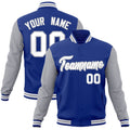 Custom Royal Blue & White & Gray Color Block Cotton-Blend Full-Snap Varsity Jacket - front view