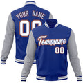 Custom Royal Blue & Gray & White Color Block Cotton-Blend Full-Snap Varsity Jacket - front view