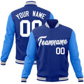 Custom Royal Blue & Powder Blue & White Color Block Cotton-Blend Full-Snap Varsity Jacket - front view