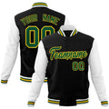 Custom Black & White & Gold Color Block Cotton-Blend Full-Snap Varsity Jacket - front view