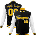 Custom Black & White & Gold Color Block Cotton-Blend Full-Snap Varsity Jacket - front view