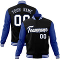 Custom Black & Royal Blue & White Color Block Cotton-Blend Full-Snap Varsity Jacket - front view
