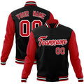 Custom Black & Red & White Color Block Cotton-Blend Full-Snap Varsity Jacket - front view