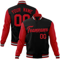 Custom Black & Red Color Block Cotton-Blend Full-Snap Varsity Jacket - front view