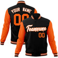 Custom Black & White & Orange Color Block Cotton-Blend Full-Snap Varsity Jacket - front view