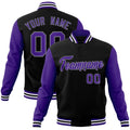 Custom Black & Purple & White Color Block Cotton-Blend Full-Snap Varsity Jacket - front view