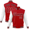 Custom Red & White & Black Color Block Cotton-Blend Full-Snap Varsity Jacket - front view