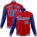 Personalized Red & Royal Blue & White Color Block Cotton-Blend Full-Snap Varsity Jacket - front view