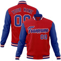 Custom Red & Royal Blue & White Color Block Cotton-Blend Full-Snap Varsity Jacket - front view