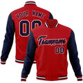 Custom Red & Navy & White Color Block Cotton-Blend Full-Snap Varsity Jacket - front view