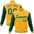 Custom Gold & Green & White Color Block Cotton-Blend Full-Snap Varsity Jacket - front view
