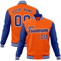 Custom Orange & Royal Blue & White Color Block Cotton-Blend Full-Snap Varsity Jacket - front view