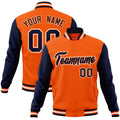 Custom Orange & Navy & White Color Block Cotton-Blend Full-Snap Varsity Jacket - front view