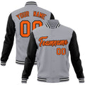 Custom Gray & Orange & Black Color Block Cotton-Blend Full-Snap Varsity Jacket - front view