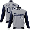 Custom Gray & Navy & White Color Block Cotton-Blend Full-Snap Varsity Jacket - front view