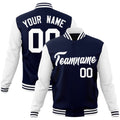 Custom Navy & White Color Block Cotton-Blend Full-Snap Varsity Jacket - front view