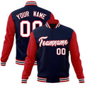 Custom Navy & White & Red Color Block Cotton-Blend Full-Snap Varsity Jacket - front view