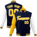 Personalized Navy & Gold & White Color Block Cotton-Blend Full-Snap Varsity Jacket - front view