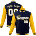 Custom Navy & Gold & White Color Block Cotton-Blend Full-Snap Varsity Jacket - front view