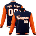 Custom Navy & White & Orange Color Block Cotton-Blend Full-Snap Varsity Jacket - front view